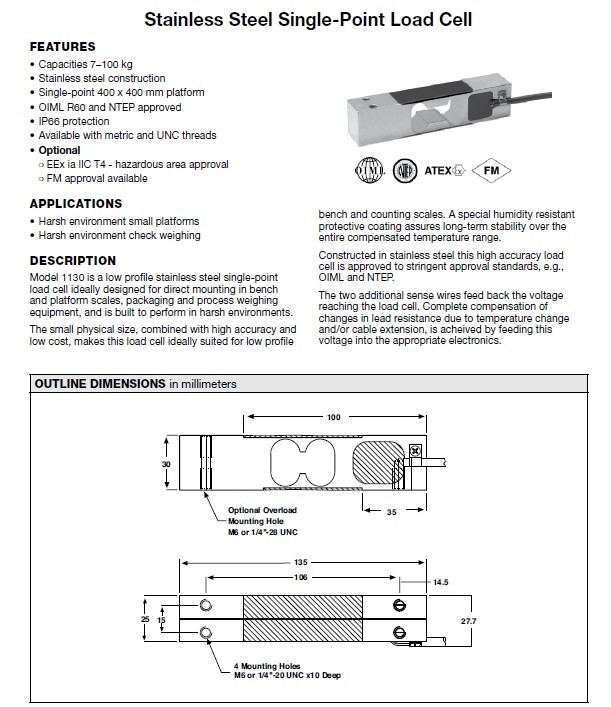 美國(guó)特迪亞1130-20kg稱(chēng)重傳感